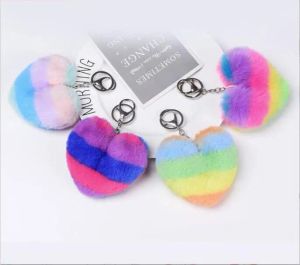 Love Pompom Keychain Gifts for Women Soft Heart Shape Pompom Imitated Rabbit Fur Key Chain Ball Car Sac Accessoires Key Ring LL