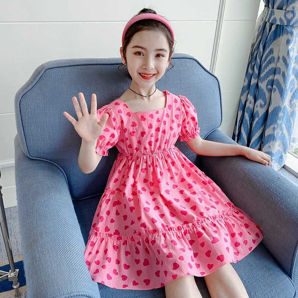 Amour imprimé coton filles robe nouveau 2021 été vêtements pour enfants princesse fête 12 ans lanterne manches col carré robe Q0716