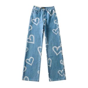 Love Gedrukte brede pootbroek voor vrouwen in de herfst van 2021, nieuwe Europese en Amerikaanse stijl los passende rechte been hoge taille jeans