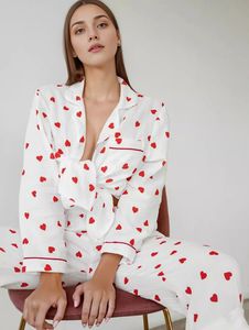Amour imprimé pyjamas pour femmes doux coeur pur coton vêtements de nuit confort doux vêtements de nuit Tiktok joli ensemble deux pièces 240326