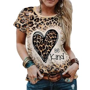 Love Tie Teint Imprimé Léopard Lettre Imprimé Col Rond T-shirt À Manches Courtes Haut Pour Femme