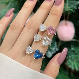 Love Wed Heart Designer Ring for Woman 925 Sterling Silver Diamond Pink Zirconia Sqaure Compromiso de la mujer Luxury Anillos de boda de la joya de la joya Ajustable