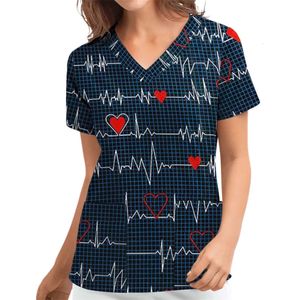 Love Womens T-shirts verpleegkundige uniform stretch ombre print v-hals korte mouw t-shirt tops met pocket dames kleding 240424