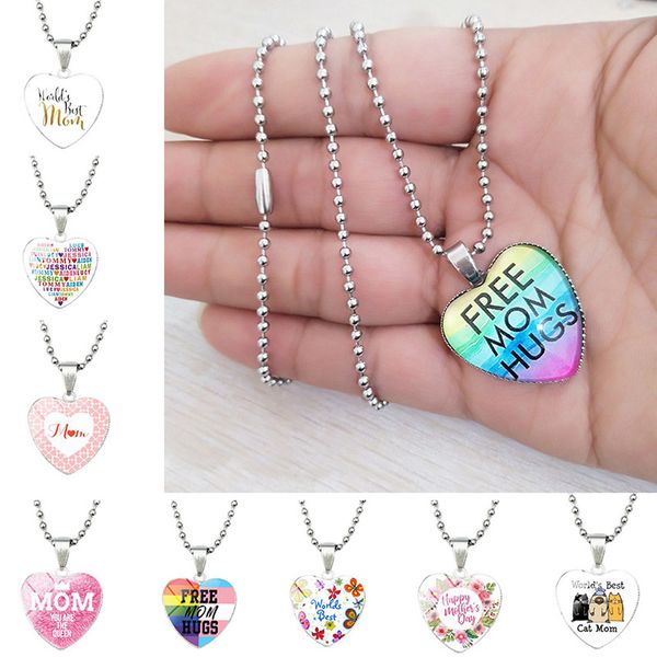 Love You MOM Collier Câlins gratuits Bijoux en forme de coeur en verre Pendentifs pour femmes enfants Cadeau de fête des mères