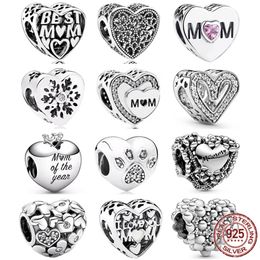 Love You Mom Openwork Heart Shape Charm 925 Sterling Silver Beads For Women Fit Original Pandora Bracelet Fine Jewellery Making
