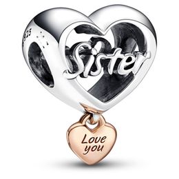 Love You Sister Heart Charm de plata de ley 925 Pandora Dangle Moments Family para Fit Charms Mujer Hija Pulseras Joyería 782244C00 Andy Jewel