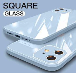 Lovecom Square Tempeled Téléphone en verre pour iPhone 13 11 12 Pro Max Mini XR XS Max 8 7 Plus X Couvercle arrière en silicone liquide Soft Y103876377