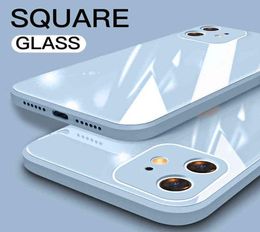 Lovecom Square Tempered Téléphone en verre pour iPhone 13 11 12 Pro Max Mini XR XS Max 8 7 Plus X Couvercle arrière en silicone liquide Soft Y101253243
