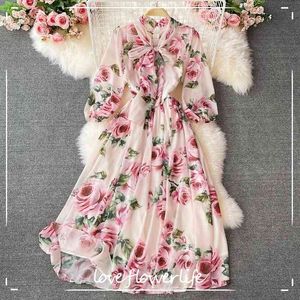 LoveFlowerLife Summer Casual Short Pullover Dress Gasa Estampado floral Cuello en V Una línea Cintura alta Media pantorrilla Vestidos de mujer 210521