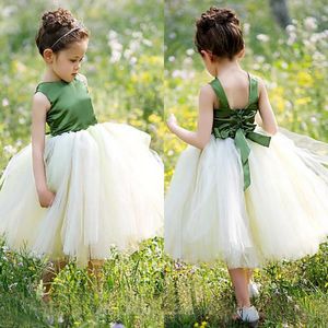 Belle 2016 Vert Olive Fleur Fille Tutu Robes De Mariage Pas Cher Ivoire Tulle Retour Arc Thé Longueur Robe De Bal Pageant Robes Sur Mesure EN51114