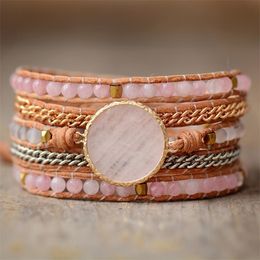 Mooie 5 rijen lederen wrap armband Spirit Rose Quartz natuursteen weven statement Bracelet Boheemse sieraden Bijoux 240511