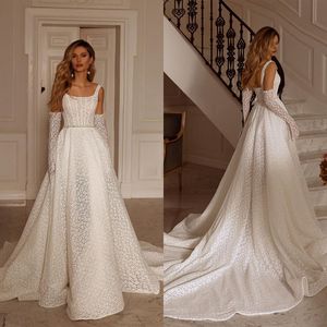 Belle A-ligne Robes De Mariée Carré Fleur Dentelle Sans Manches Dos Nu Train Détachable Sur Mesure Fermeture À Glissière Grande Taille Robe De Mariée Robes De Novia