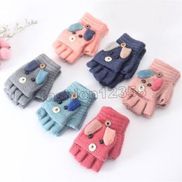 Joli animal chaud mitaines enfants dessin animé tricoté gants Imitation cachemire hiver chaud doux épaissir demi-doigt gants