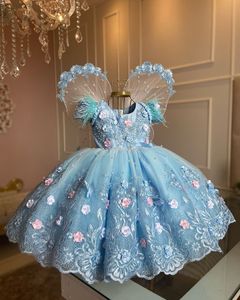 Belle bébé bleu petites filles Pageant robes bijou cou à plusieurs niveaux Tulle à la main 3D fleurs perles robe de fille de fleur pour la fête d'anniversaire enfants robes de bal robes