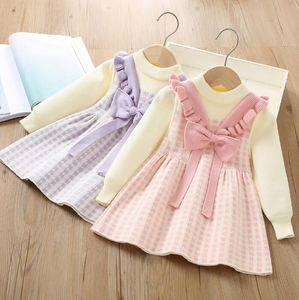 Jolies robes de princesse pour petites filles, avec nœud papillon, à manches longues, en tricot, pour enfants de 2 à 7 ans