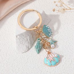 Jolie coquille bleue Starfisch Kecheschaines Pearl Crone Ocean Life Key Rings For Women Men Friendship Gift Handmade DIY