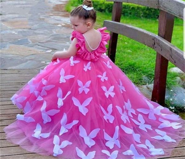 Precioso vestido de bola de mariposa Vestidos para niñas Joya Sin respaldo Tren de barrido Apliques Vestidos de fiesta de cumpleaños para niños Vestido de niña de flores 9113949