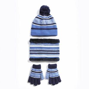 Belle couleur bonbon rayures enfants écharpes chapeaux gants ensembles Style épais chaud pompon bonnet polaire infini écharpe