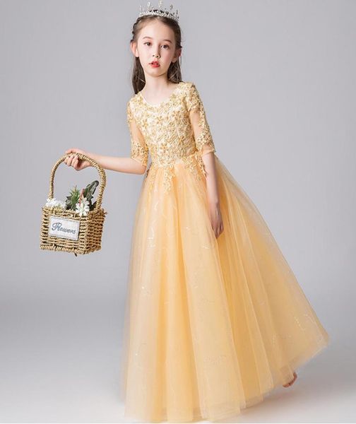 Belle Champagne Or 12 Manches Perles Robes De Fille De Fleur Girls039 Robes De Concours VacancesRobe D'anniversaireJupe Taille Personnalisée 9207858