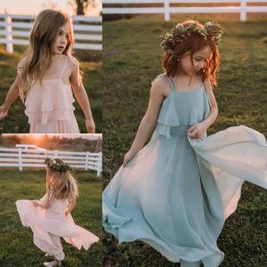 Mooie goedkope backless bloem meisje jurken voor bruiloften tiered top kleine meisjes pageant jurk vloer lengte chiffon communie jurken