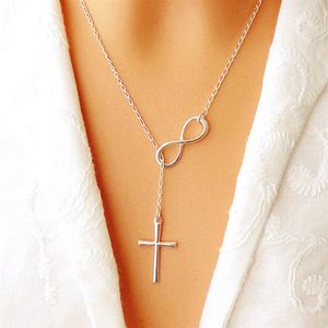 Lovely Chic Infinity Crosses sur un long collier de chaîne en argent pour femmes bijoux Gift346b