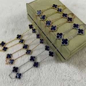 Precioso trébol Diseñador de lujo Charm Gargantillas Collares para mujeres Niñas Plata Oro blanco Dulce 5 flores Hoja Azul Pietersite Piedra Cadena de eslabones Collar de 15 mm Joyería