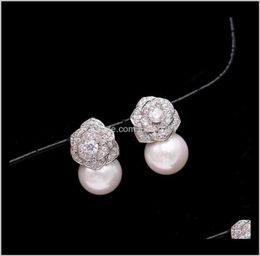 Belle diamant Zircon Camillia fleur perle boucles d'oreilles pour femme filles Super scintillant Ins mode luxe concepteur 925 argent poste 6397015