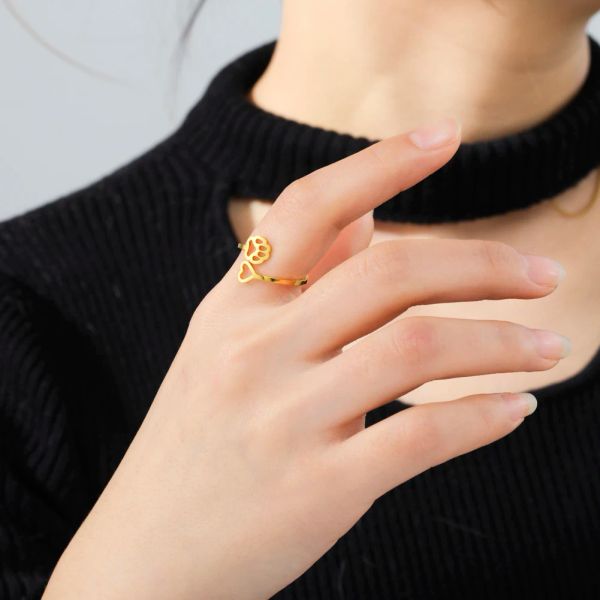 Precioso anillo de corazón de amor con huella de pata de perro para mujeres y niñas, anillos ajustables de oro amarillo de 14 quilates, regalo para amantes de la joyería 2024