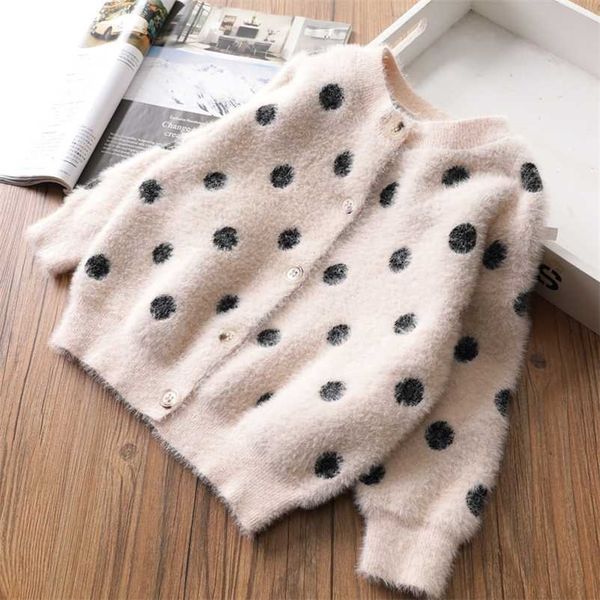 Lovely Dots Pattern Kids Jacket Sweater Niños Ropa de primavera Niñas Knitted Cardigan Baby Coat Comfort Outwear 211204