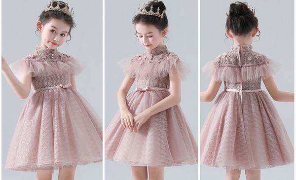 Precioso rosa polvoriento encaje/tul cuello alto vestidos cortos de niña de flores vestidos de desfile de niña cumpleaños de niñas/falda de fiesta vestido de todos los días personalizado SZ 2-12 D321072