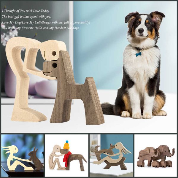 Adornos familiares de madera para cachorros, figurita decorativa para el hogar, mesa de escritorio, esculturas decorativas, regalo para amantes de los perros, ecoracion del hogar