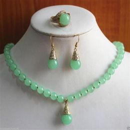 Прекрасные модные украшения, 2 цвета, ожерелье из зеленого нефрита, кольцо, серьги, позолоченный цельный кристалл, кварцевый камень, 213 м