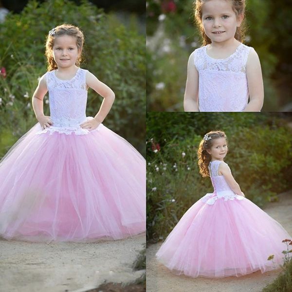 Jolies robes à fleurs pour filles, col rond, avec des Appliques en dentelle, sans manches, en Tulle, robes de concours de première Communion pour enfants