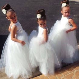 Mooie bloem meisjes jurken witte juweel hals mouwloos voor bruiloft kleine gir tule party verjaardag jurk pageant jurken