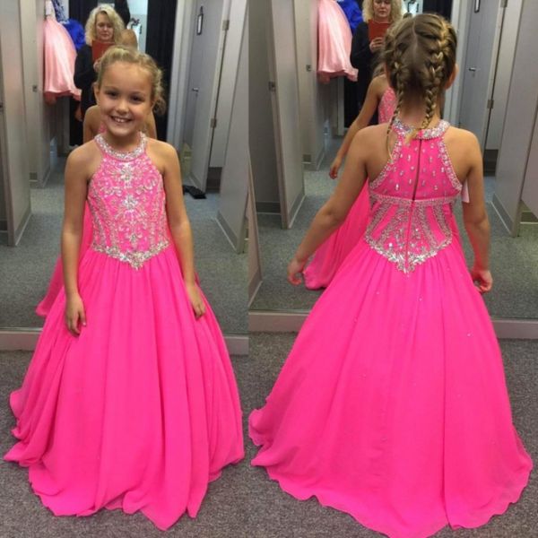 Preciosos cristales con cuentas fucsia Vestidos para niñas Una línea con cuello halter Niños Celebrity Evening Prom Vestidos de fiesta por encargo BA7601