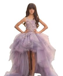 Lovely Hi-Lo Lavanda Vestidos de flores para niñas Apliques de encaje de tul Volantes Falda Niñas Vestidos de desfile Puffy Niños Ropa formal Xu