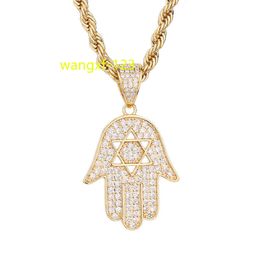 Belle amulette hexagramme plaquée or 14 carats Hip Hop, pendentifs et colliers en cuivre Moissanite main de Fatima