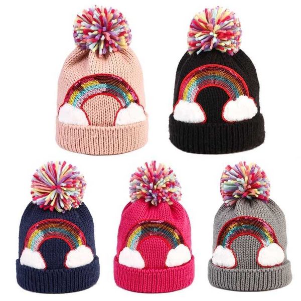 Joli chapeau tricoté Niche arc-en-ciel en laine avec pompon coloré, chaud pour l'hiver, usage quotidien, école maternelle 230920