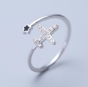 Encantador anillo abierto de avión de estrella de cristal de estilo coreano para mujer, joyería de serie Holiday Fly, anillos de boda de oro rosa y plata