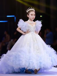 Mooie kanten bloemenmeisje buigt kinder eerste communie jurk kristallen lovertjes prinses formele tule ball jurk trouwfeestjurken