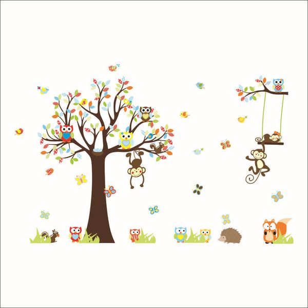 beaux singes arbre stickers muraux pour enfants chambre décoration de la maison animaux adesivo de parede 1212. bande dessinée pvc stickers art mural 3.0 210420