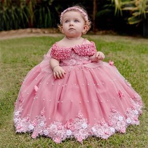 Preciosos vestidos de niña de flores con perlas para boda, hombros descubiertos, apliques de encaje, vestidos de desfile para niños pequeños, vestido de fiesta hasta el suelo de tul, vestido de cumpleaños para niños