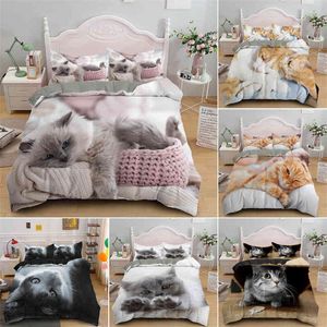 Mooie huisdierkattenbeddenset King Queen Size MicroFiber schattig kittenprint dekbedovertrek met kussensleven luxe dierenquilt