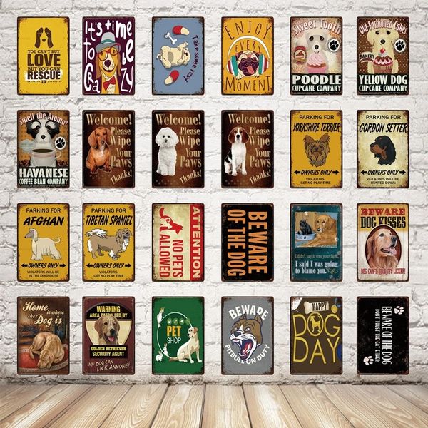 Lovely Pets Méfiez-vous du chien Peinture en métal Affiche Plaque Vintage Animaux Métal Plaque Murale Pet Shop Home Bar Club Décor Fer Peinture 30X20cm W03