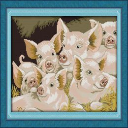 Encantadora familia de cerdos Herramientas artesanales de punto de cruz hechas a mano Conjuntos de costura bordados Impresión contada en lienzo DMC 14CT 11CT Decoración del hogar pa236n