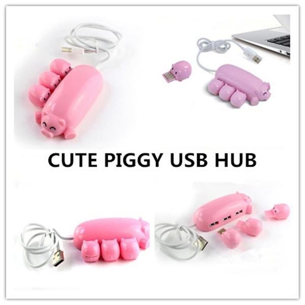 Lovely Pig Style Extensión de cable de 3 puertos USB 2.0 Hubs con 3 tapas de decoración de cerditos, adaptador TF de lector de tarjetas Micro SD One Piggy para PC, adaptador de expansión de puertos USB para computadora portátil