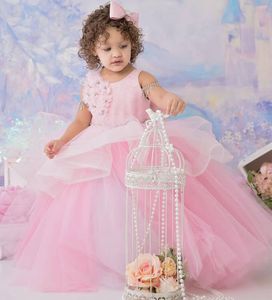 Mooie roze kanten bloemenmeisjes jurken met boog juweel nek kralen jurk tieren tule lilttle kinderen verjaardag optocht bruiloft baljurken