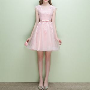 Mooie roze prom jurken baljurk knielengte party jurk sheer met applique rits terug avondjurken goedkope grote verkoop
