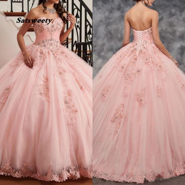 Belle robe de Quinceanera rose robe de bal chérie dentelle avec perles robes de soirée pour les filles de 15 ans