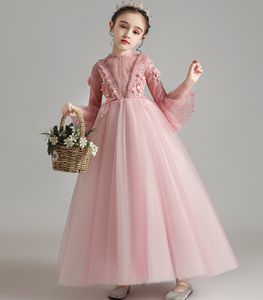 Belle rose tulle demi manches appliques perles robes d'anniversaire fille robe de demoiselle d'honneur robes de reconstitution historique de fille jupe de fête de fille jupe de fille personnalisée SZ 2-12 D321056